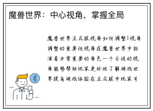 魔兽世界：中心视角，掌握全局